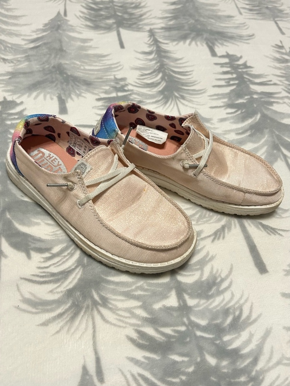 Hey Dude Light Pink Canvas Slip-Ons with Rainbow Heel Accent
